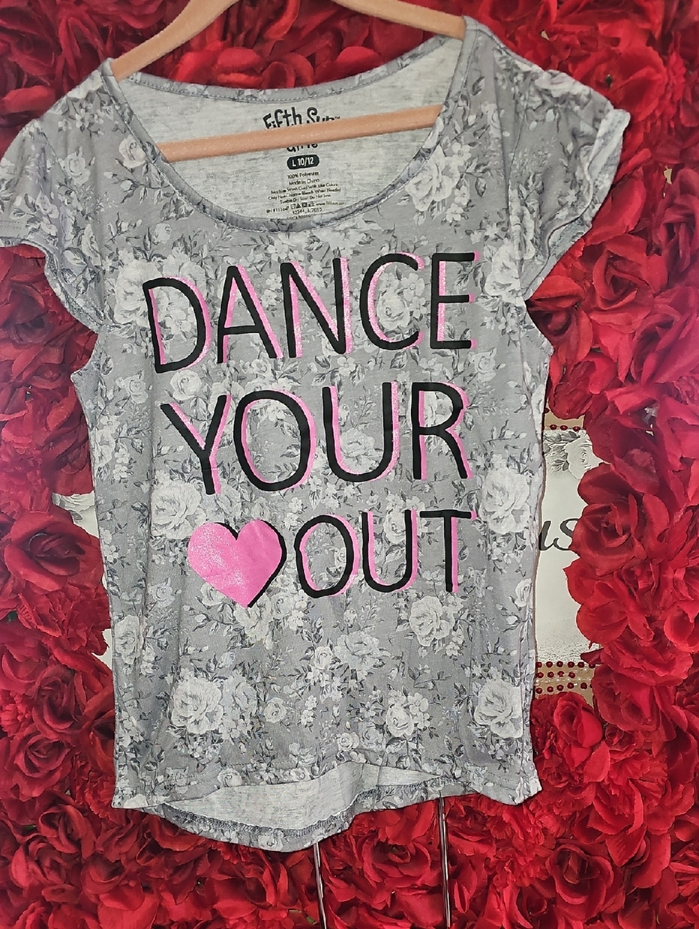 Fifth Sun Grey Floral Tee with Pink Heart Dance Graphic Size 10/12